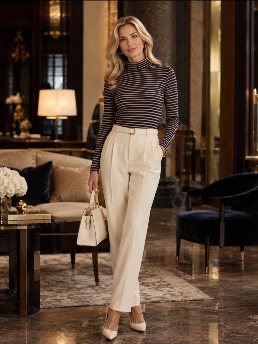 J. Crew Cream and Blue Cotton Turtleneck